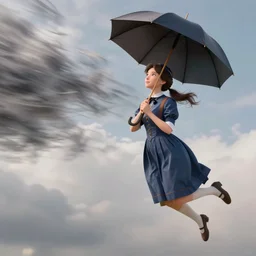 mary poppins holding an umbrella, being blown to the sky by the strong wind. 3 d octane render