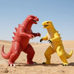 photograph of a red kaiju fighting a yellow kaiju in the mongolian desert from the movie war of the gargantuas, vintage, seventies cinema, toho studios, japanese cinema, action scene, cinematic composition, saturated color, 8 k, hd