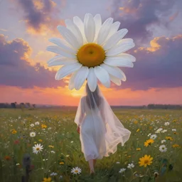 giant white daisy flower on head, veiled girl walking in a flower field, surreal photography, sunrise, dramatic light, impressionist painting, colorful clouds, digital painting, artstation, simon stalenhag