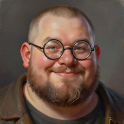 a _ fantasy _ style _ portrait _ painting _ of fat white male with really short hair, circle face and circle glasses smiling, rough beard, oil _ painting _ unreal _ 5 _ daz. _ rpg _ portrait _ extremely _ detailed _ artgerm _ greg _ rutkowski _ greg