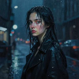 a beautiful painting artwork of a woman on a rainy night, cyberpunk, by ilya kuvshinov featured on artstation