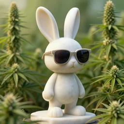 rabbit groot as marble statue, big sunglasses, in marijuanas gardens, soft surface texture, very realistic 3 d render, soft sun lights, 4 k, high detailed photography result, 5 0 mm lens, rich deep colors, smooth gradients, depth of field, cinematic, hyper realism, high detail, octane render, unreal engine, 8 k, vibrant colors