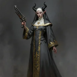 female full body demon nun with black horns holding fantasy gun character concept art, dark elf, highly detailed art digital painting, cinematic, grey cleric robe with golden embroidery nun veil cover with horns on top demon nun gunslinger, magdalena pagowska art in shoo art castelvania diablo art loputyn srasa final fantasy, dark fantasy game character design concept, dramatic light, art station