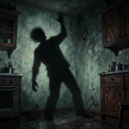 cinematic colorful horror artwork by artgerm, beksinski, wlop, stephen king ; real life full portrait figure shadow of rotten man falling on kitchen wall long black figure shapow ; low angle ground level view ; dark ominous scary, 8 k hdr, creepy intricate ; volumetric dramatic lighting, insanely detailed, haunting
