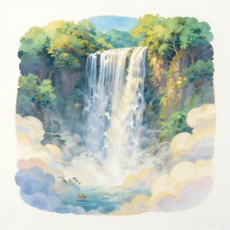 dreamscape architect, illustration of waterfall with clouds, pastel, lush trees, style of atlantis the lost empire, white paper, gold layers, clear edges, by studio ghibli and fenghua zhong and ruan jia and jeremy lipking and peter mohrbacher, mystical colors, rim light, beautiful lighting, 8 k, stunning scene, raytracing, octane