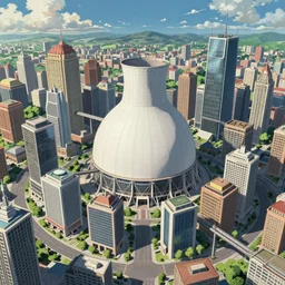 Utopian city with a white nuclear power dome at the centre surrounded by skyscrapers and monorails,  studio ghibli, ultra hd