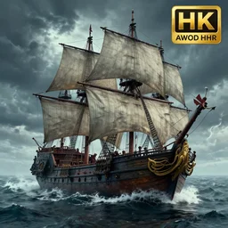 pirate ships on a stormy magical sea, highly detailed, 4k, HDR, award-winning, artstation, octane render