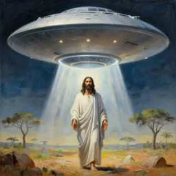a a massive UFO hovering over an African Jesus ,painting by Hsiao-Ron Cheng,