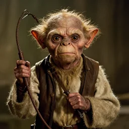 a cinematic cinemascope portrait still of gollum as indiana jones with a whip in indiana jones and the last crusade ( 1 9 8 9 ),
