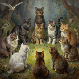 party of cats playing dungeons and dragons, oil on canvas, surrealism, highly detailed, masterpiece, award - winning, artstationhd