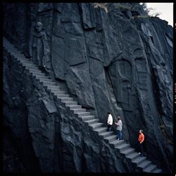 kodak portra 4 0 0, photographic, vast staircase carved into black rock cliff side by hr giger and guillermo del toro and alan lee and paul lasaine, photorealistic, hyper detailed, 8 k, movie still, artstation, unreal engine,