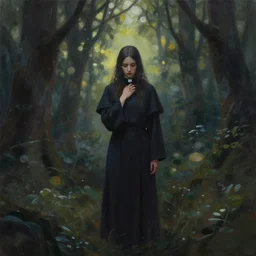 priestess of akward in the lichen woods. gouache painting by indie concept artist, chiaroscuro, bokeh, backlighting, field of depth