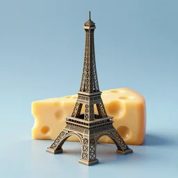 3d render of a small Eiffel Tower model made of Swiss cheese, blue background, soft lighting