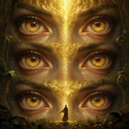 epic professional digital art hungry eyes, gold ambient light, painted, mysterious, eerie, mythic, detailed, intricate, grand, leesha hannigan, wayne haag, reyna rochin, ignacio fernandez rios, mark ryden, van herpen, artstation, cgsociety, epic, stunning, gorgeous, much wow, closeup cinematic jungle scene
