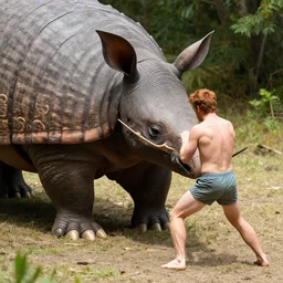 shirtless ginger man fighting giant armadillo