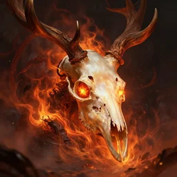 flaming demon in the pits of hell with a deer skull as head, ember glowing in eye sockets, headshot photo, character concept, dark souls concept art, Feng Zhu concept art, dramatic lighting, highly stylized, trending on artstation, high-quality wallpaper, desktopography