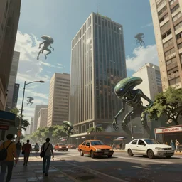 concept art from game scree avenida paulista sao paulo by jama jurabaev, cel shaded, cinematic shot, trending on artstation, high quality, brush stroke, aliens invasion at paulista