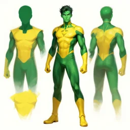 superhero concept art, character sheet, green and yellow, samurai inspired suit, skin - tight, upper body portrait, digital art