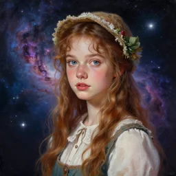 portrait of a cottagecore girl in the space with nebulae, realistic painting, high definition, digital art, painting, very detailed, procreate, r / art, painttool sai, pixiv, deviantart, artstation, danbooru, illustration, realistic