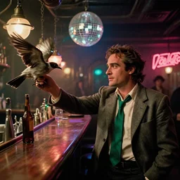the wide shot of unkempt drunkard ( ( ( ( ( ( joaquin phoenix ) ) ) ) ) ) with sideburns worn in old grey jacket with emerald tie, stealing bird from bartender, steampunk bar, movie with cinematography of christopher doyle, neon light, discoball, anamorphic, optical flares, award - winning photo, kodak film, masterpiece, 8 k
