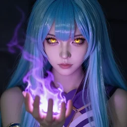 rimuru tempest from tensura holding purple fire in her palm, with amber eyes of golden colored eyes, straight hair, sky blue hair, long bangs, award winning photography, cinematic, digital painting, cinematic, wlop, 8 k, by ross tran, tom bagshaw