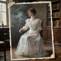 concept art, 1 9 th century spirit matte photography, see - through victorian woman in a chair, in well - lit library room, ambient smoke, torn photograph, photorealistic, highly detailed, 8 k