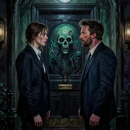cinematic colorful horror artwork by artgerm, beksinski, mark brooks ; real life full portrait of ben affleck at front entrance door facing wife dove cameron ; night rainfall outside ; haunting ominous scary, 8 k hdr, creepy intricate ; volumetric dramatic lighting, insanely detailed, haunting