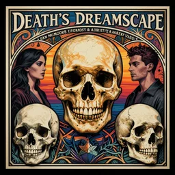 Death's dreamscape by Dan Mumford and Alberto Vargas and Josan Gonzalez and Gil Elvgren, black border, vibrant, death, skull, sunset, art nouveau