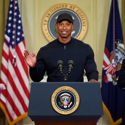 tiger woods giving the state of the union address as president of the united states of america. ultra realistic. 4 k.