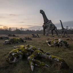 a tranquil grassy plain strewn with the mossy overgrown corpses of huge ancient fossilised giants, lit by dusk lighting, winter, high resolution realistic detailed matte painting by beksinski, raqib shaw, wojciech siudmak, gustave moreau