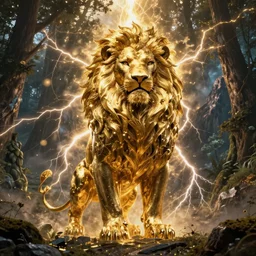 black lion's god with body made from gold lightnings surrounded by epic forest and mountains, colossal scale, cinematic shot, hyperdetails,  by Evgeniy Antonenkov and Axel Scheffler