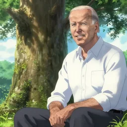 photorealistic Joe Biden meets a photorealistic bald Walter White sitting under a tree, anime key visual, digital art, anime screenshot, kyoto animation, makoto shinkai, trending on artstation