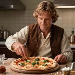 A still of Luke Skywalker making a pizza, 4k, photograph, ultra realistic, highly detailed, professional lighting