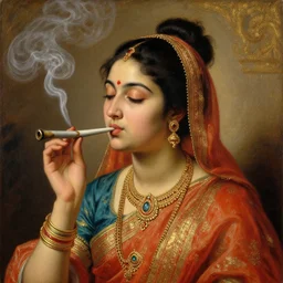 detailed portrait of hindu traditional girl smoking joint i baroque painting, girl graceful, eyes closed, painting by gaston bussiere, craig mullins, j. c. leyendecker