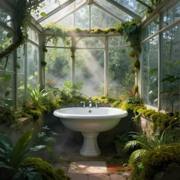 traditional bathroom in a greenhouse, misty, soft reflections, glass windows, plants, moss, dramatic lighting, highly detailed, intricate, digital art, digital painting, atmospheric, vibrant colors, godrays, fantasy, trending on artstation