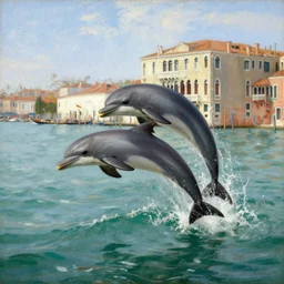 dolphins swimming and jumping in venice, painting by gaston bussiere, craig mullins, j. c. leyendecker