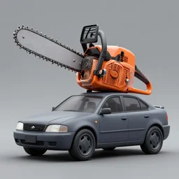 Car with a big chainsaw on top, matte painting