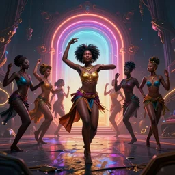 african women dancing around a neon portal to another dimension, stephen bliss, unreal engine, fantasy art by greg rutkowski, loish, rhads, ferdinand knab, makoto shinkai and lois van baarle, ilya kuvshinov, rossdraws, tom bagshaw, global illumination, radiant light, detailed and intricate environment