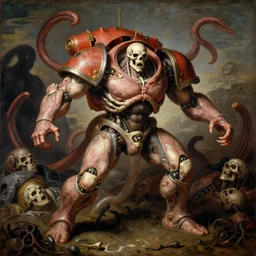 elegant renaissance painting of biomechanical warhammer final boss bodybuilder vecna battle, art by bruce pennington and peter mohrbacher, epic biblical depiction, flesh and bones, fangs, teths and tentacles, corpses and shadows!