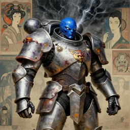 composition of symbolisme and futuristic, warhammer, cyber japan style armor, more and more scars, thunderstorm, blue head, water eyes, some purple and orange, the middle ages, highly detailed, artstation, in the style of moebius, jugendstil and classic japanese print, art by rene magritte and max ernst