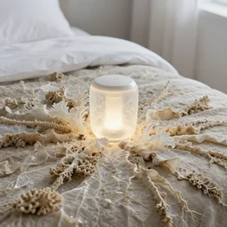 realistic product photo of a bedroom covered in shriveling dead semi - translucent iridescent coral reef, emitting aura, the lighter is designed by dieter rams, 1 9 6 0, life magazine photo, natural colors, metropolitan museum, kodak, 8 k, very detailed, high resolution, product photo,