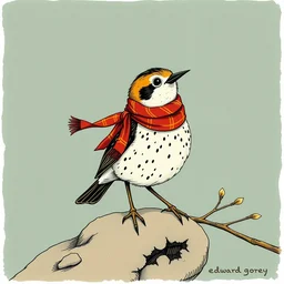 a cute skylark wearing a scarf. illustration by edward gorey