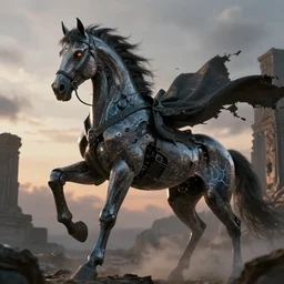 portrait of a diabolical beautiful horse cyborg, torn cape, adaptive armor, dynamic pose, heavy eyes to the side, ancient ruins, glowing veins subsurface scattering, in clouds, sunset, portrait, by gerald brom, by mikhail vrubel, by peter elson, muted colors, extreme detail, reflections, trending on artstation, 8 k