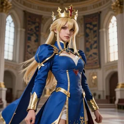 a body portrait of saber, an anime character of european girl with a crown and blue and gold robes. her pose is strong and confident as she looks towards the camera. the background is of a grand hall with several windows and tapestries. cinestill 8 0 0 t