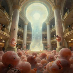 low angle view lush bulbous garden fetuses dramatic perspective organic 3 d fractal a minimalist cinematic scifi with giant bright translucent bioluminescent microscopy, gigantic pillars, victorian shopping mall courtyard, maschinen krieger, beeple, the matrix, star wars, ilm, star citizen, mass effect, oil painting by donato giancola, chris foss, warm coloured, artstation, atmospheric perspective