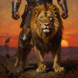 muscular lion as barbarian hunter knight full body with human legs ,in shadow, very textured detailed oil painting by rembrandt and frazetta sunset background