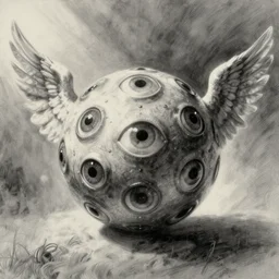 drawing of a sphere with many eyes and angelic wings