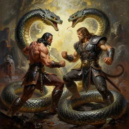 a highly detailed symmetrical painting of conan fighting a mythical snake creature, dynamic lighting, ambient lighting, art by frank frazetta and glenn fabry and argerm, hires, 4 k