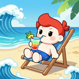 shantae relaxing in a beach chair drinking tropical drink, swirly pirate ocean waves, heavily stylized, very cute anime kawaii in the style of minus8