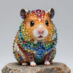 super cute hamster statue made of individual rainbow gems, getty museum, gem face, on rock, portrait, made of large rainbow gems, huge ornate gemstones, ruby sapphire emerald opal onyx, artgerm, realistic, roger deakins, annie liebovitz, greg rutkowski, jewelry hamster